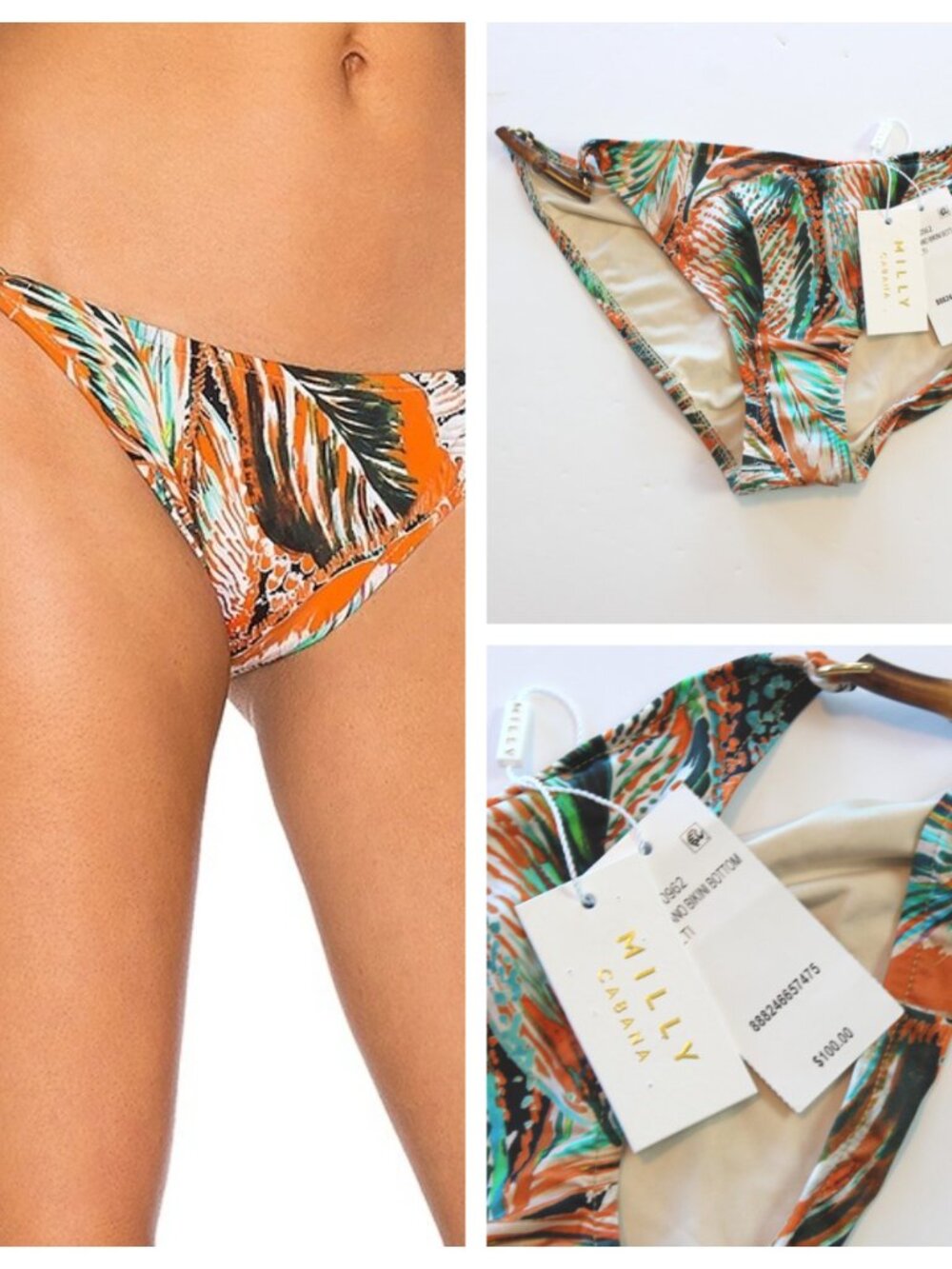 Milly Cabana Positano Tropical Floral Side Bikini Bottom Bamboo Hardware Small